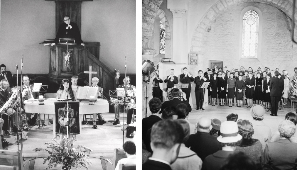 Le culte radio à Orbe, en 1963 (à gauche) et pour Pâques à Villeneuve en 1961 (à doite) Le culte radio à Orbe, en 1963 (à gauche) et pour Pâques à Villeneuve en 1961 (à doite) / © Edipresse/Jean-Pierre Grisel / Archives RTS